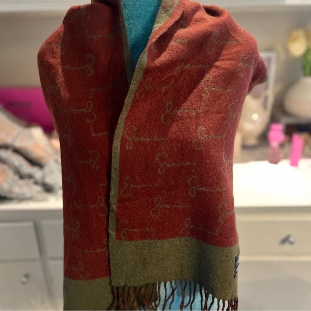 Givenchy Reversible Cashmere Logo Scarf Red Olive Fringe Unisex Luxury Designer